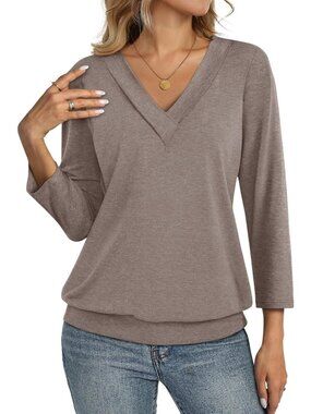 Women's Coffee Grey V Neck Cotton Banded Bottom 3/4 Sleeve Shirts Casual Blouses